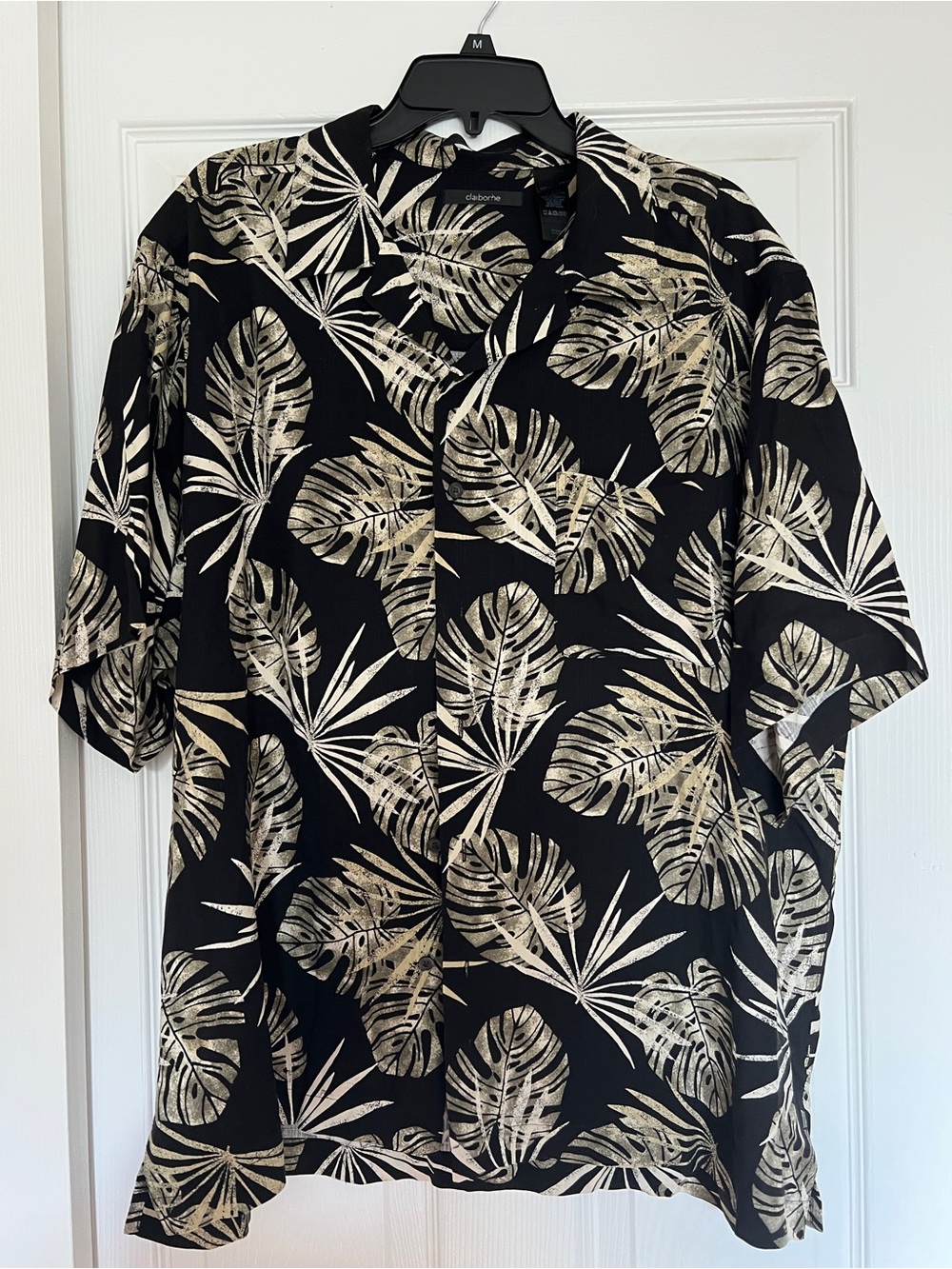Claiborne Black Tropical Leaf Print Short-Sleeve Shirt silk XL